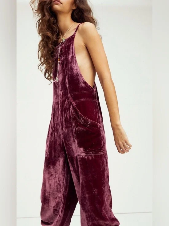 Free People Velvet Jumpsuit Wide Leg Burgundy Boho Overalls Adjustable Large - Picture 1 of 11